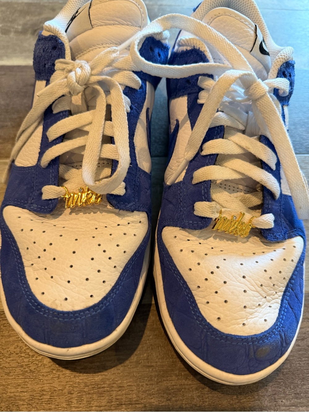Nike White and Blue Low-Top Sneakers custom with Gold Lace Charms